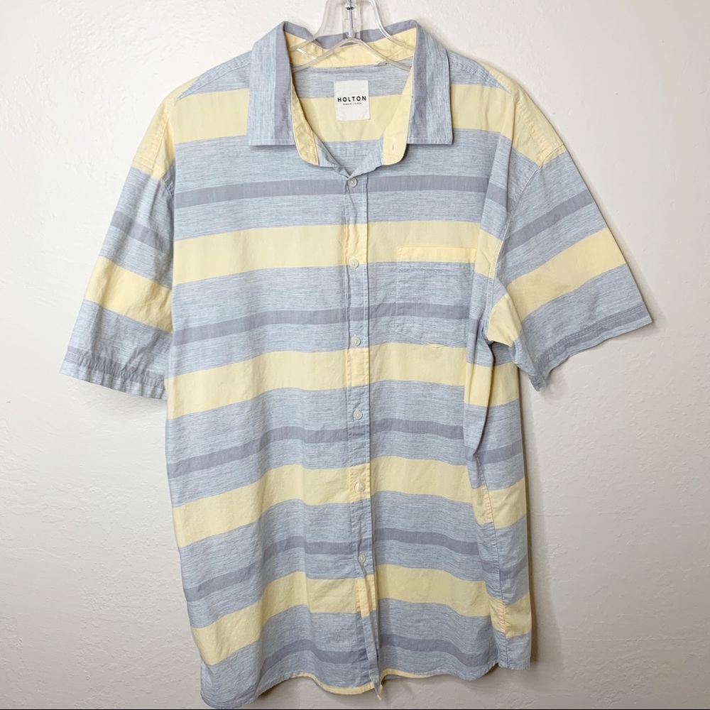 Holton Men’s Gray Yellow Striped Casual Shirt XXL Short Sleeve Cotton